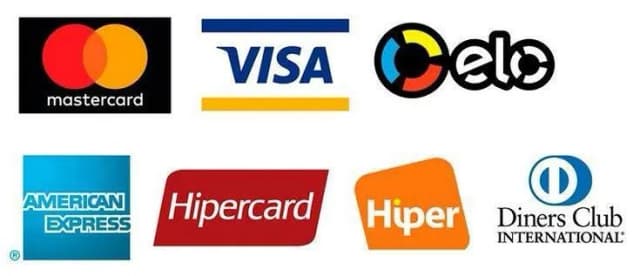 Bandeiras aceitas: Mastercard, Visa, Elo, American Express, Hipercard, Hiper e Diners Club